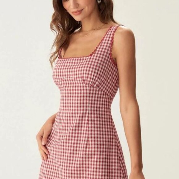 RIHOAS 90s Plaid Gingham Mini Slip Dress Square Neck Checker Cottage Red Medium - Picture 1 of 11